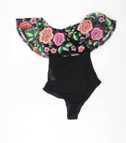 New Look Womens Black Floral Polyester Bodysuit One-Piece Size 8 Snap