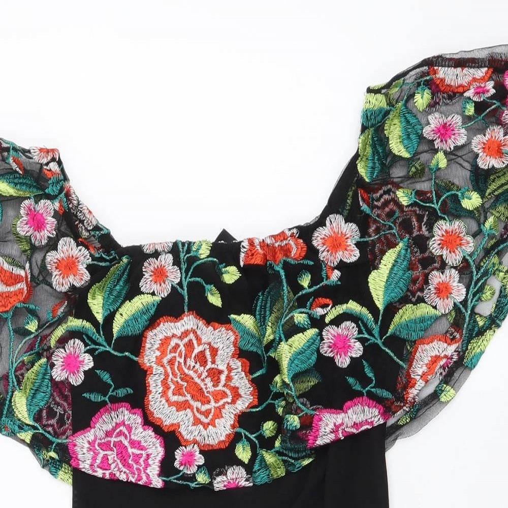 New Look Womens Black Floral Polyester Bodysuit One-Piece Size 8 Snap