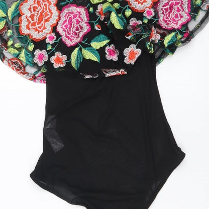 New Look Womens Black Floral Polyester Bodysuit One-Piece Size 8 Snap