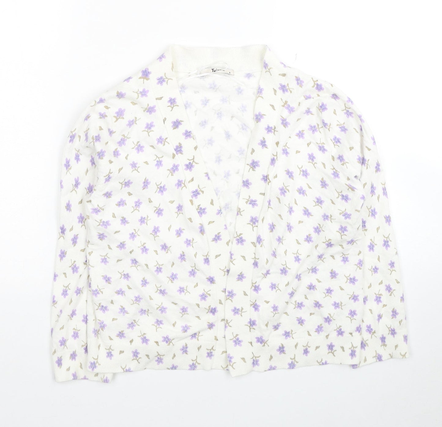 TU Womens White V-Neck Floral Cotton Cardigan Jumper Size 8