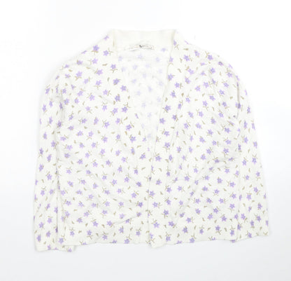 TU Womens White V-Neck Floral Cotton Cardigan Jumper Size 8