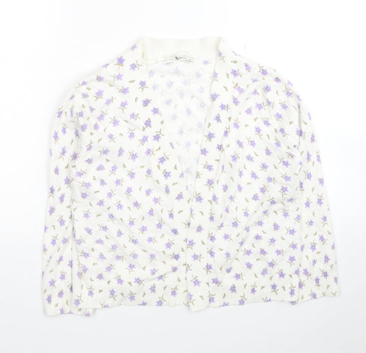 TU Womens White V-Neck Floral Cotton Cardigan Jumper Size 8