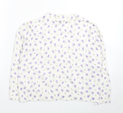 TU Womens White V-Neck Floral Cotton Cardigan Jumper Size 8