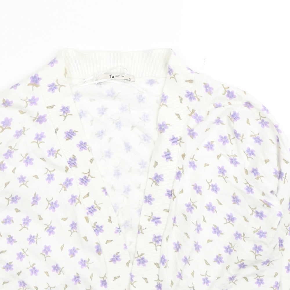 TU Womens White V-Neck Floral Cotton Cardigan Jumper Size 8