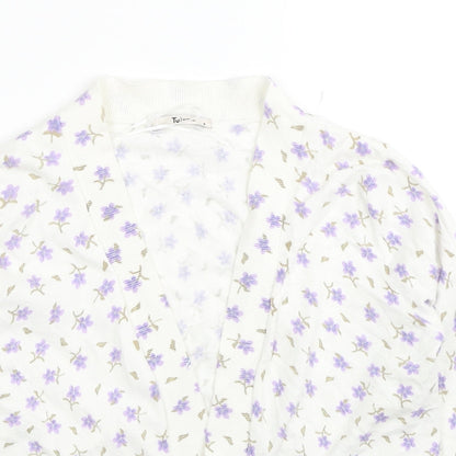 TU Womens White V-Neck Floral Cotton Cardigan Jumper Size 8