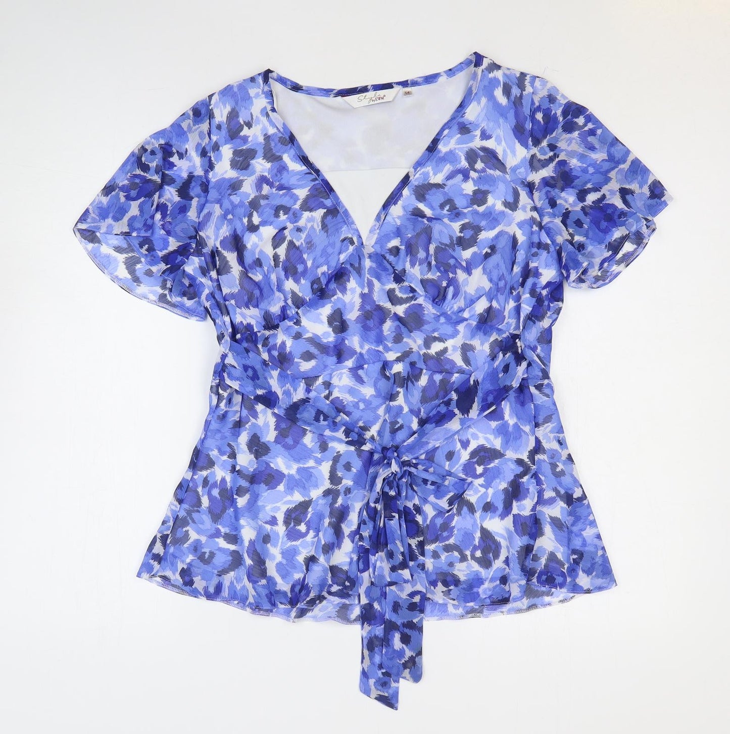 EWM Womens Blue Geometric Polyester Basic T-Shirt Size 14 V-Neck