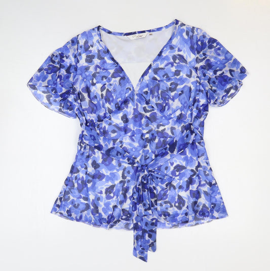 EWM Womens Blue Geometric Polyester Basic T-Shirt Size 14 V-Neck