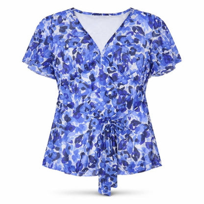EWM Womens Blue Geometric Polyester Basic T-Shirt Size 14 V-Neck