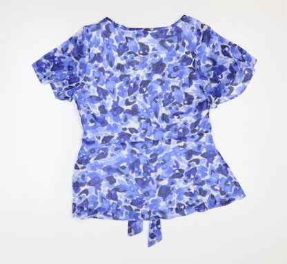 EWM Womens Blue Geometric Polyester Basic T-Shirt Size 14 V-Neck