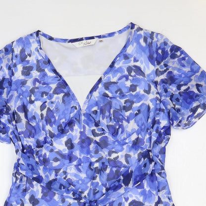 EWM Womens Blue Geometric Polyester Basic T-Shirt Size 14 V-Neck