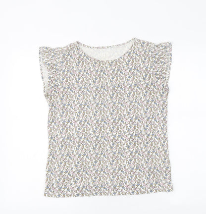 TU Womens White Floral Polyester Basic T-Shirt Size S Round Neck