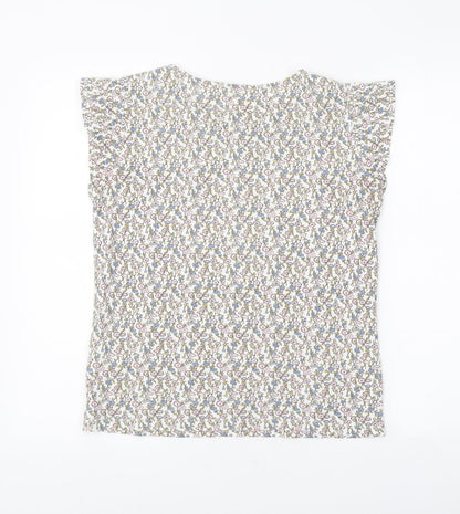 TU Womens White Floral Polyester Basic T-Shirt Size S Round Neck