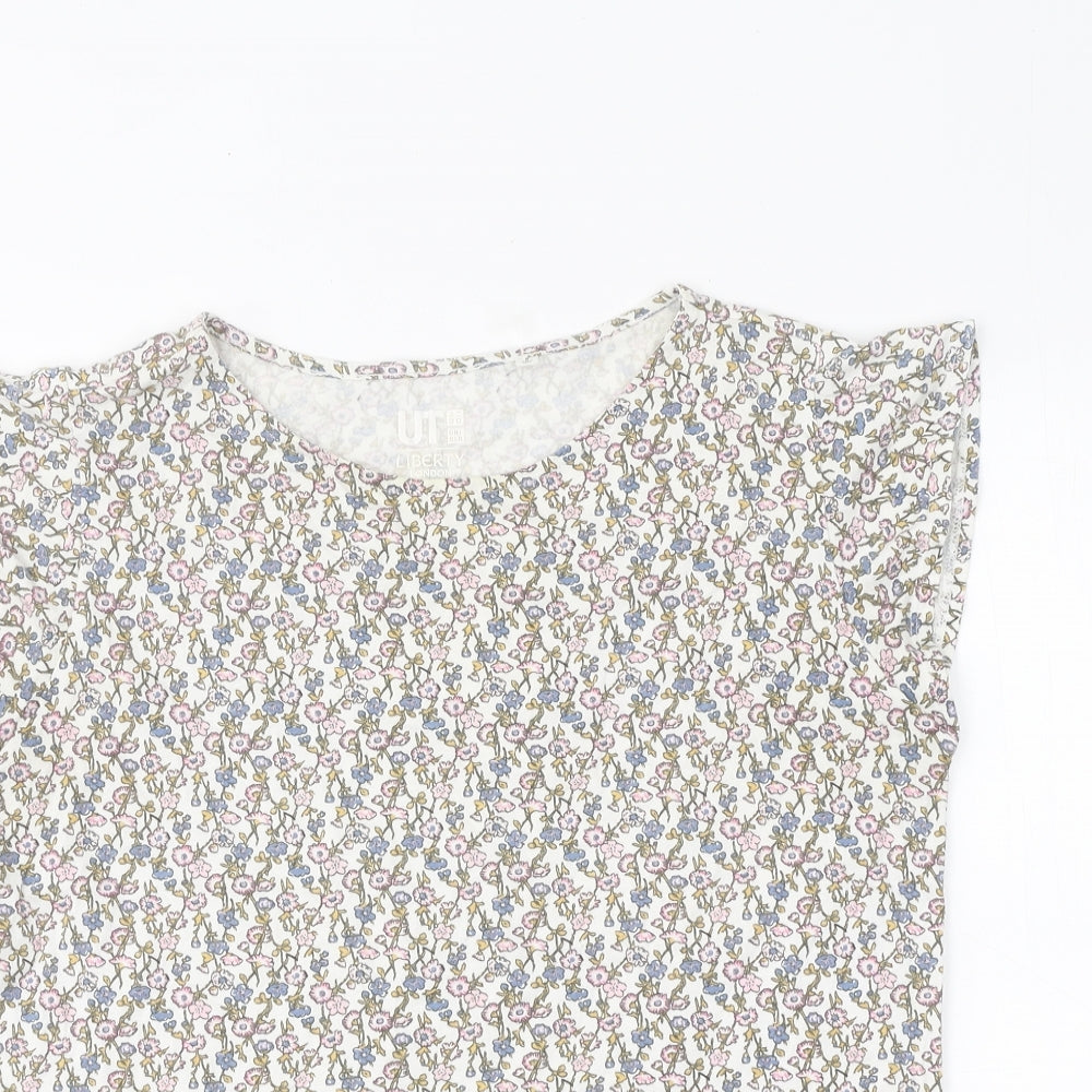 TU Womens White Floral Polyester Basic T-Shirt Size S Round Neck