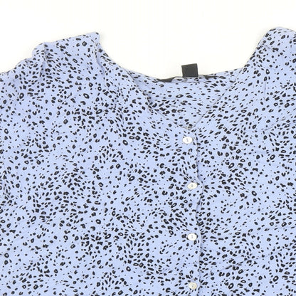 New Look Womens Blue Animal Print Viscose Basic Button-Up Size 14 V-Neck - Leopard Print