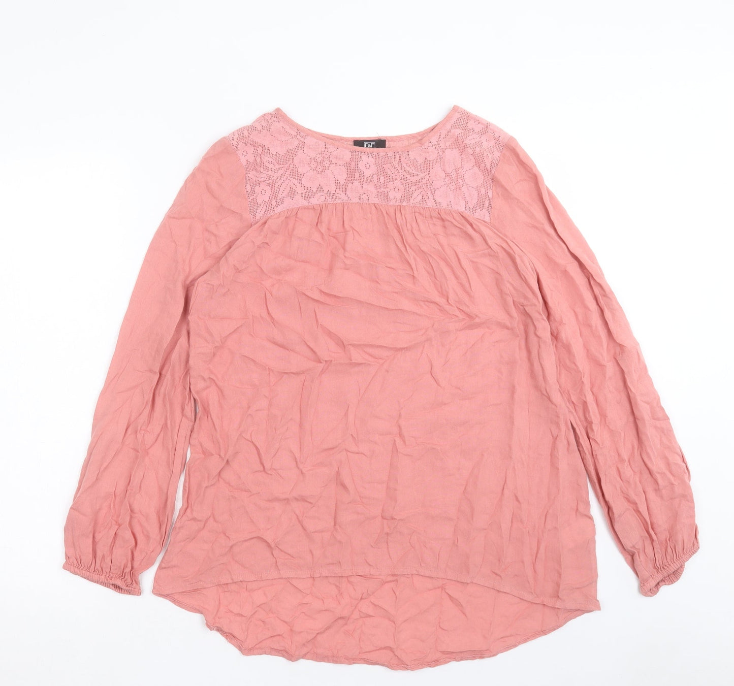 F&F Womens Pink Viscose Basic Blouse Size 10 Crew Neck - Lace Detail
