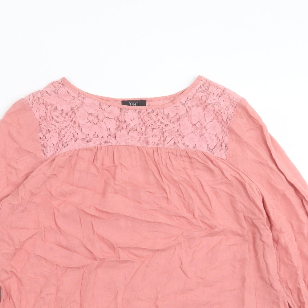F&F Womens Pink Viscose Basic Blouse Size 10 Crew Neck - Lace Detail