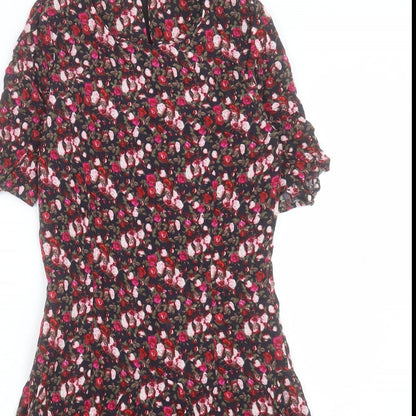 H&M Womens Pink Floral Viscose Fit & Flare Size 6 Round Neck Zip