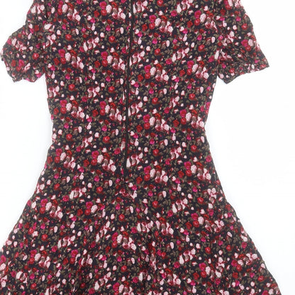 H&M Womens Pink Floral Viscose Fit & Flare Size 6 Round Neck Zip