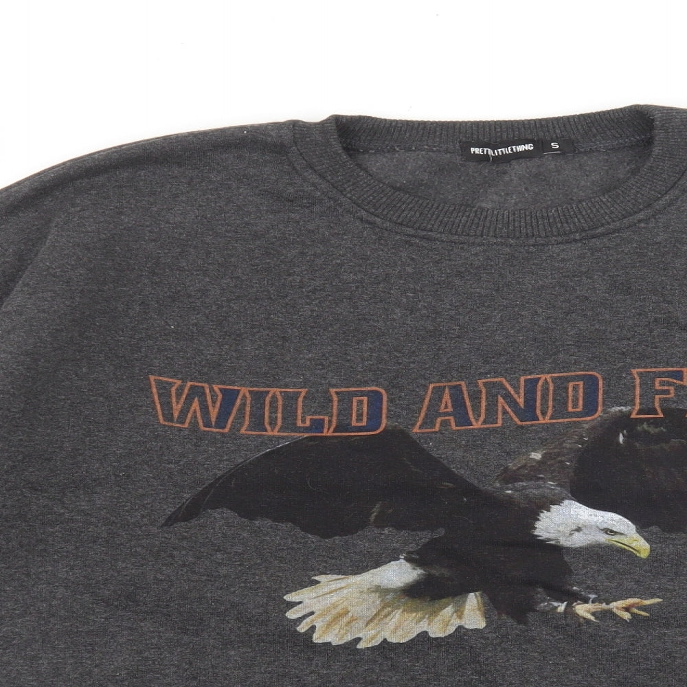PRETTYLITTLETHING Womens Grey Cotton Pullover Sweatshirt Size S Pullover - Eagle Wild and Free