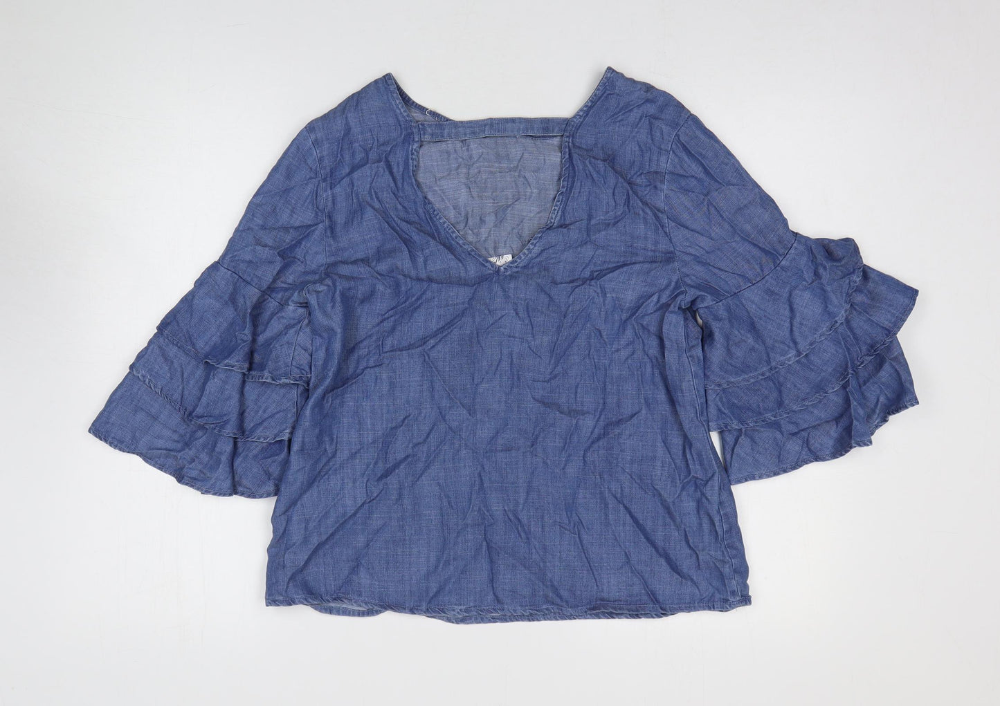 Alya Womens Blue Lyocell Basic Blouse Size XS V-Neck