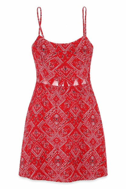 H&M Womens Red Geometric Viscose Fit & Flare Size 8 Off the Shoulder Zip
