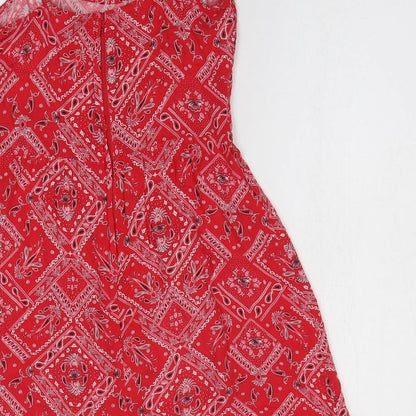 H&M Womens Red Geometric Viscose Fit & Flare Size 8 Off the Shoulder Zip