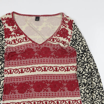 H&M Womens Red Geometric Viscose A-Line Size S V-Neck Pullover