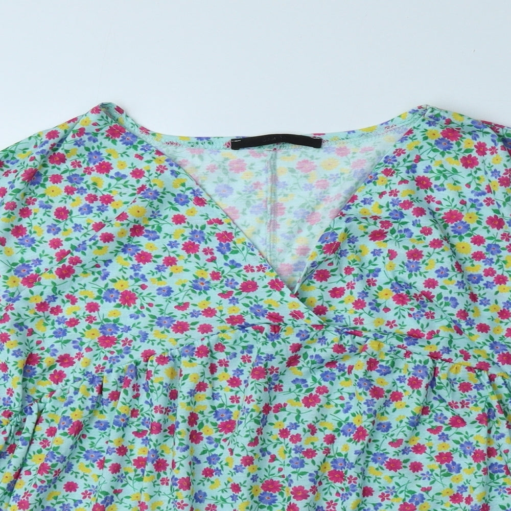 George Womens Green Floral Polyester Basic T-Shirt Size 12 V-Neck