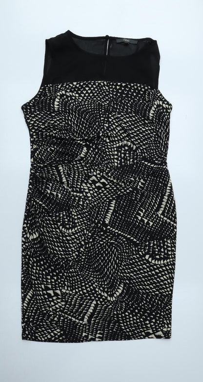 NEXT Womens Black Geometric Polyester A-Line Size 14 Boat Neck Button
