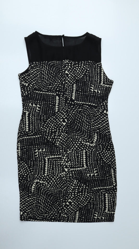 NEXT Womens Black Geometric Polyester A-Line Size 14 Boat Neck Button