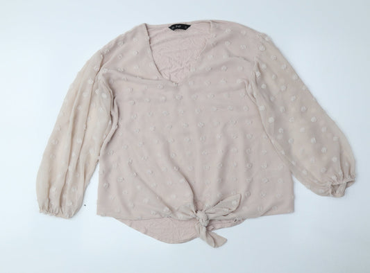 F&F Womens Pink Polka Dot Polyester Basic Blouse Size 10 V-Neck - See Through Sleeves