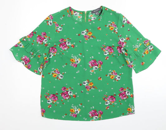 Primark Womens Green Floral Polyester Basic Blouse Size 10 Round Neck