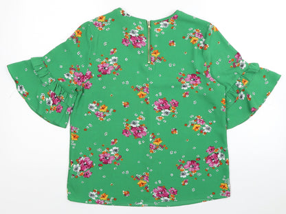 Primark Womens Green Floral Polyester Basic Blouse Size 10 Round Neck