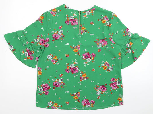 Primark Womens Green Floral Polyester Basic Blouse Size 10 Round Neck