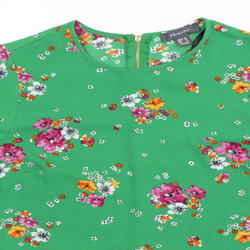 Primark Womens Green Floral Polyester Basic Blouse Size 10 Round Neck