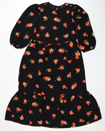 Friends Like These Womens Black Floral Polyester Fit & Flare Size 8 Round Neck Button