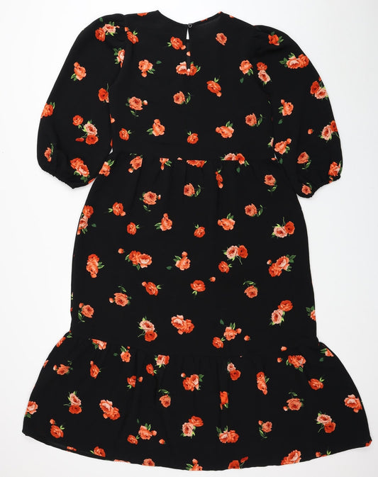 Friends Like These Womens Black Floral Polyester Fit & Flare Size 8 Round Neck Button
