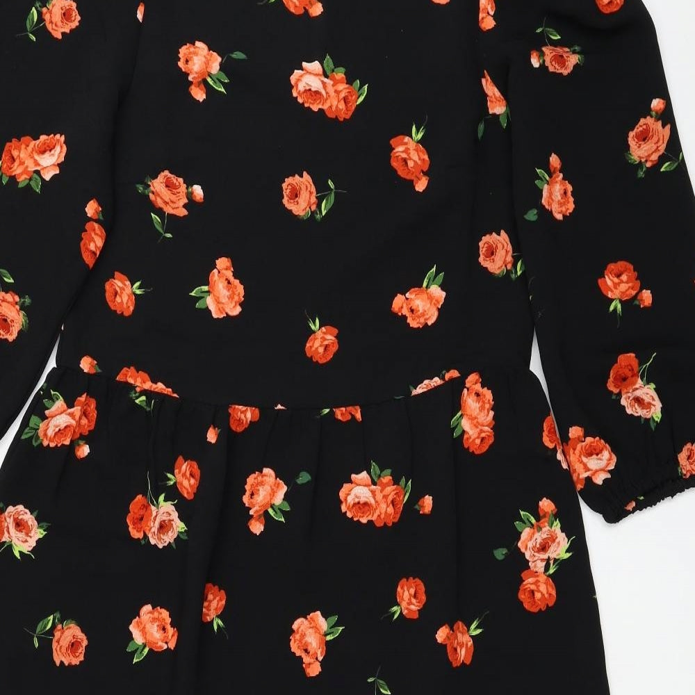 Friends Like These Womens Black Floral Polyester Fit & Flare Size 8 Round Neck Button