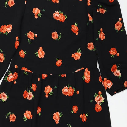 Friends Like These Womens Black Floral Polyester Fit & Flare Size 8 Round Neck Button