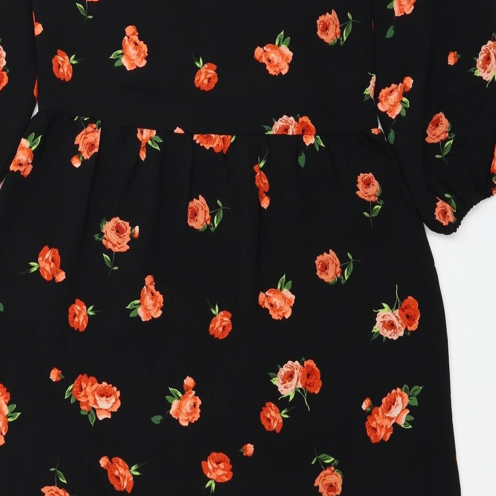 Friends Like These Womens Black Floral Polyester Fit & Flare Size 8 Round Neck Button