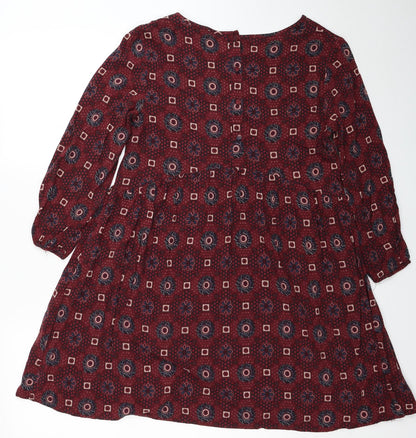 Staying At Home Womens Red Geometric Viscose Fit & Flare Size M Boat Neck Button
