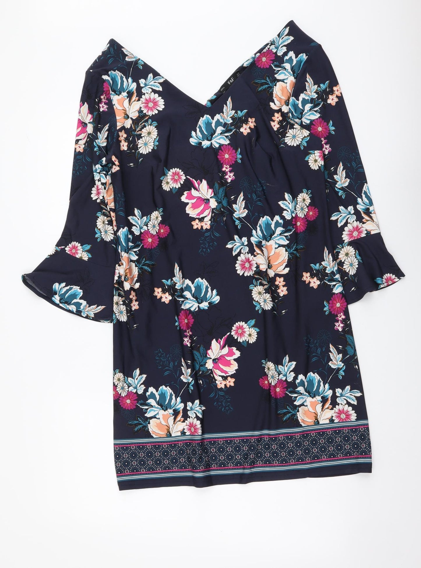 F&F Womens Blue Floral Polyester A-Line Size 12 V-Neck Pullover