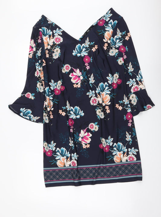 F&F Womens Blue Floral Polyester A-Line Size 12 V-Neck Pullover