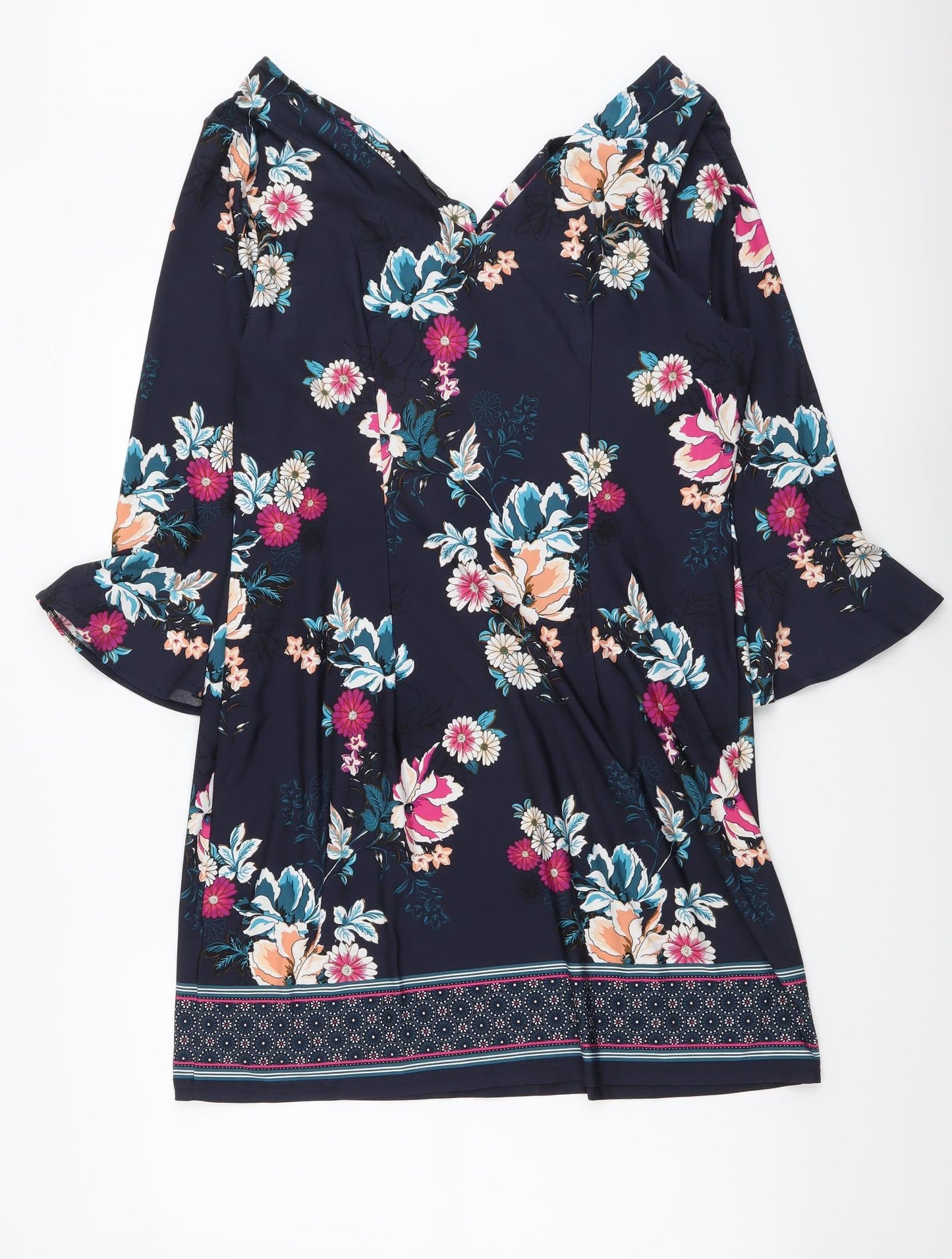 F&F Womens Blue Floral Polyester A-Line Size 12 V-Neck Pullover