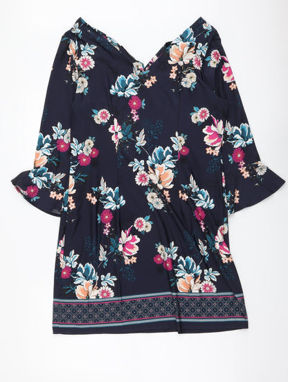 F&F Womens Blue Floral Polyester A-Line Size 12 V-Neck Pullover