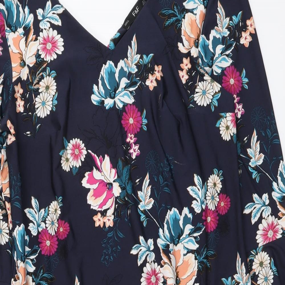 F&F Womens Blue Floral Polyester A-Line Size 12 V-Neck Pullover