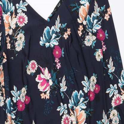 F&F Womens Blue Floral Polyester A-Line Size 12 V-Neck Pullover