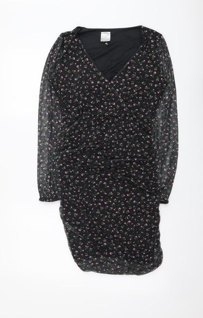 Preworn Womens Black Floral Polyester Bodycon Size 10 V-Neck Pullover