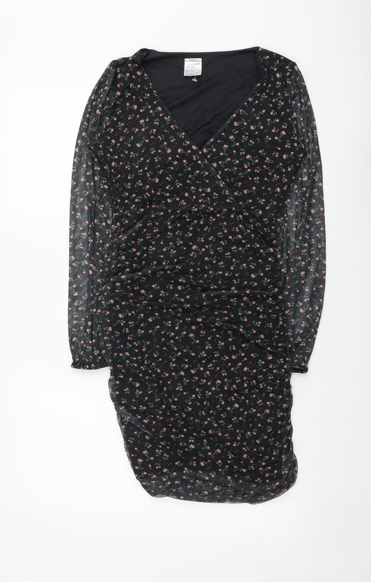 Preworn Womens Black Floral Polyester Bodycon Size 10 V-Neck Pullover
