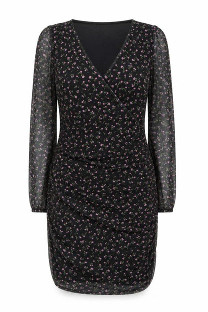 Preworn Womens Black Floral Polyester Bodycon Size 10 V-Neck Pullover